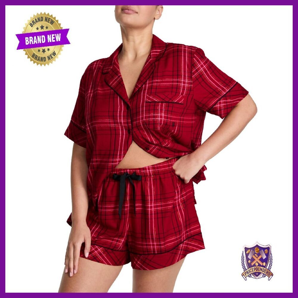 Flannel Pajama Set Short Sleeve Shirt & Shorts Cotton Modal Sleepwear